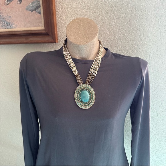 Chico's Gold-Tone Faux Turquoise Pendant Bead Necklace - Picture 2 of 10